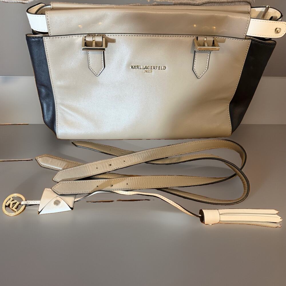 Karl Lagerfeld Paris Colorblock Leather Satchel Taupe Black Crossbody Bag